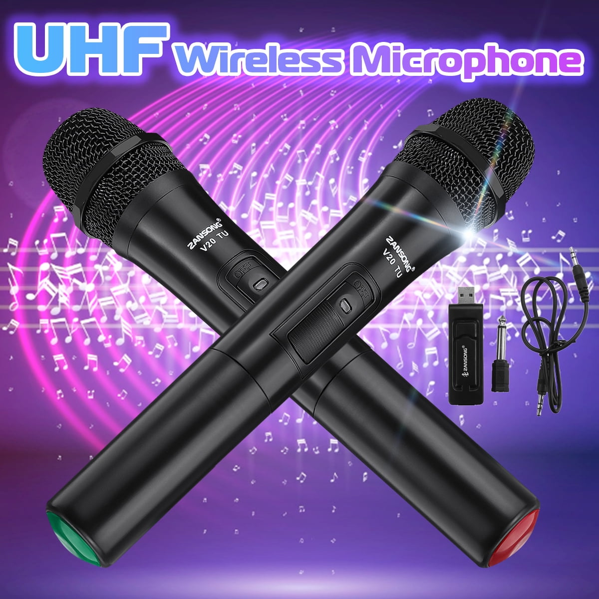 professional uhf dual microphone system, 2-channels handheld for indoor home outdoor ktv party speakers