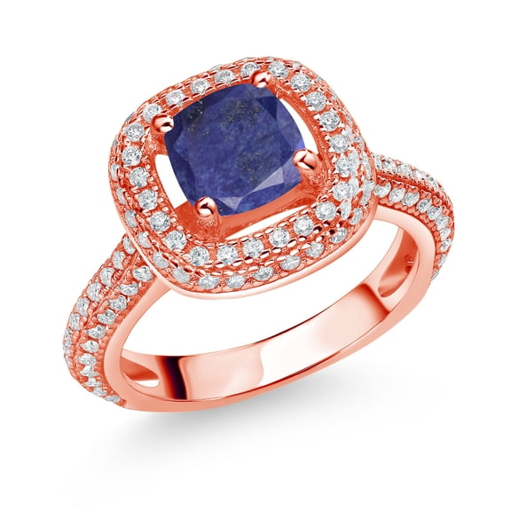 Gem Stone King 18K Rose Gold Plated Silver Blue Lapis and White Moissanite Engagement Ring for Women (1.63 Cttw, Cushion 6MM, Gemstone, Size 8)