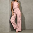 thumbnail image 5 of Womens 2 Piece Color Blocked Suits Sleeveless Crew Neck Tops Wide Leg High Waist Trousers Summer Comfy Fashion Set Pink XL, 5 of 7