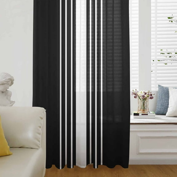 Black White Stripe Semi Sheer Curtains Drapes for Living Room, Bedroom, French Doors Window 45 Inches Long, Modern Rustic Vertical Striped Rod Pocket Chiffon Curtain Drapery Voile Draperies Panel