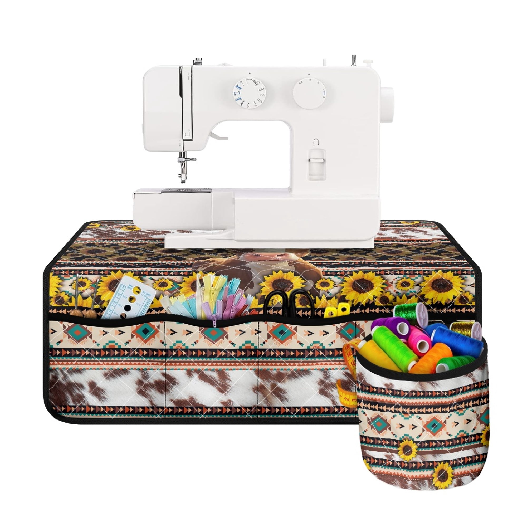 ZIATUBLE Aztec Ethnic Sewing Machine Mat Sunflower Cow Sewing Machine Mat Organizer Cow Print Sewing Machine Mat Reduce Vibration Sewing Machine Pad with Pockets for Sewing Classes
