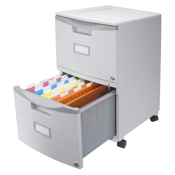 Plastic Two-Drawer File Cabinet – Locking Document Organizer with Casters for Home and Office, Gray, 1-Pack (61310B01C)