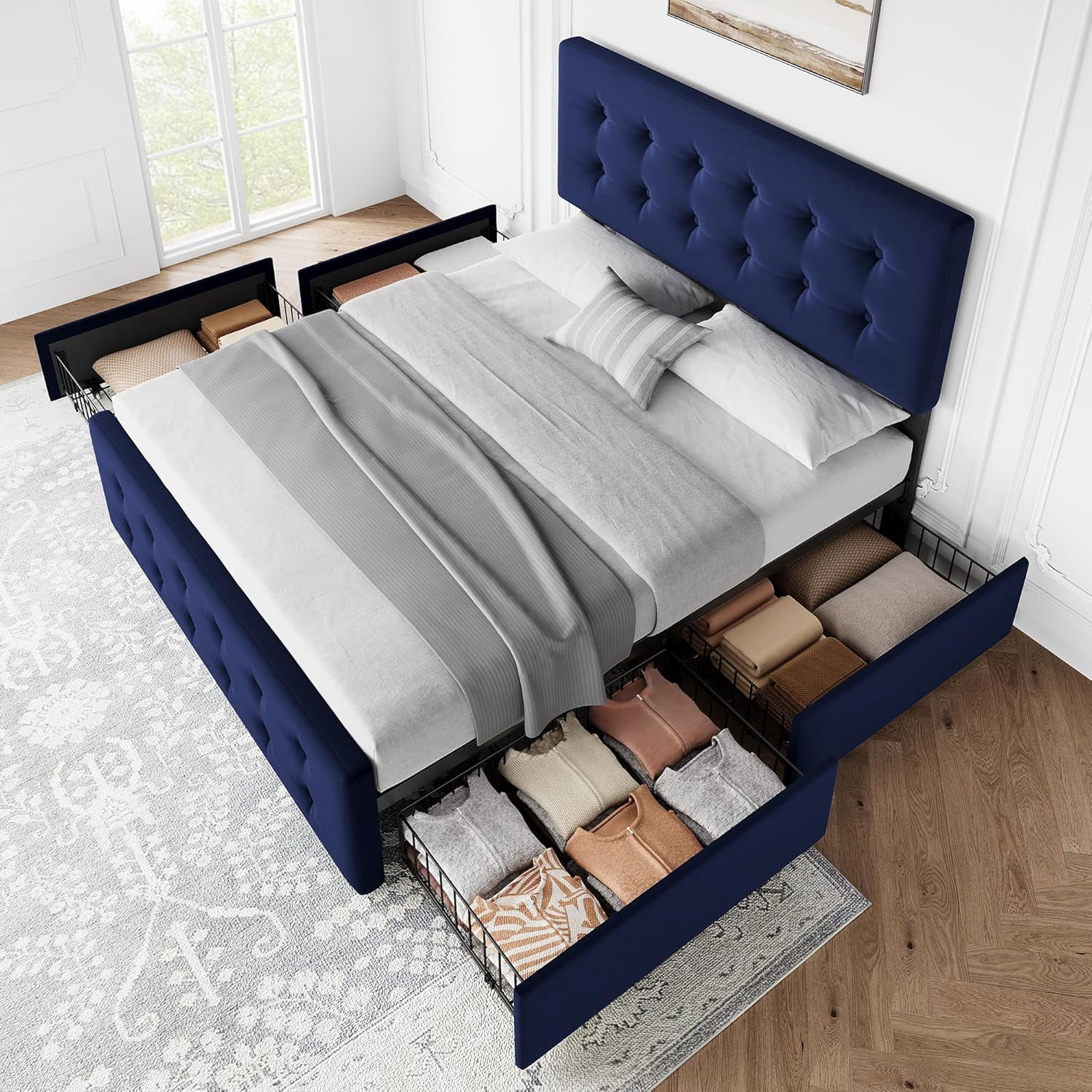 Queen Size Bed Frame with 4 Storage Drawers and Headboard, Velvet Upholstered Platform Bed Frame with Wooden Slats Support, Button Tufted Design, No Box Spring Needed, Blue