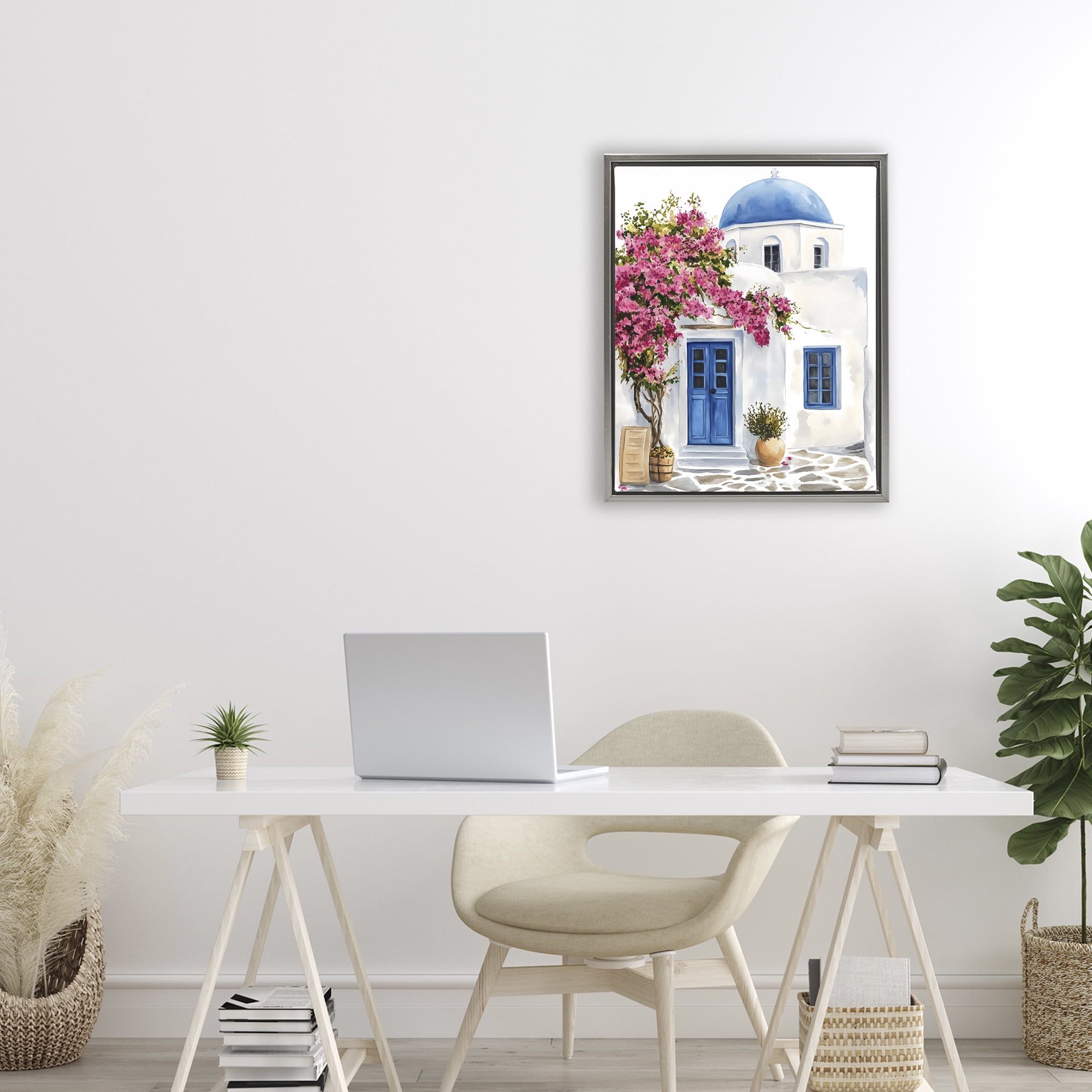 Stupell Industries Santorini House with Bougainvillea Gray Framed Floater Canvas Wall Art, design by LSR Design Studio