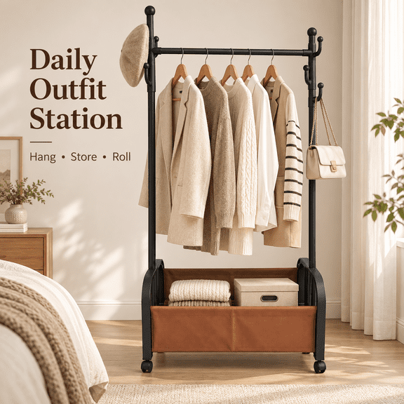 Freestanding Rolling Garment Rack with Wheels, Clothes Hanging Rack with Side Hooks & Large Fabric Storage Basket, Black