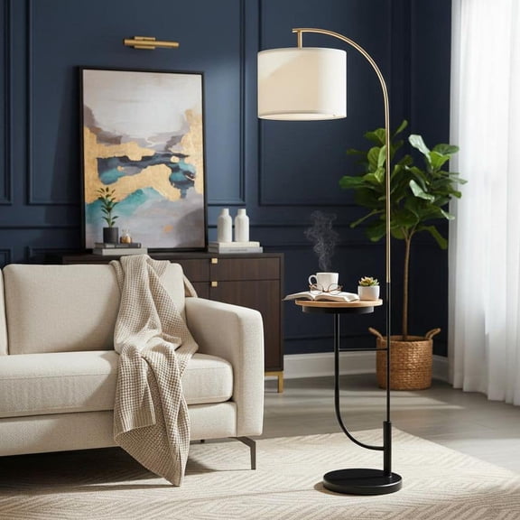 Danna Arc 65 in. H Floor Lamp with Wood Table and USB Port, White