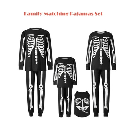 

Family Matching Pajamas Set Halloween Skeleton Print Round Neck Long Sleeve Tops+ Long Pants for Parents Kids