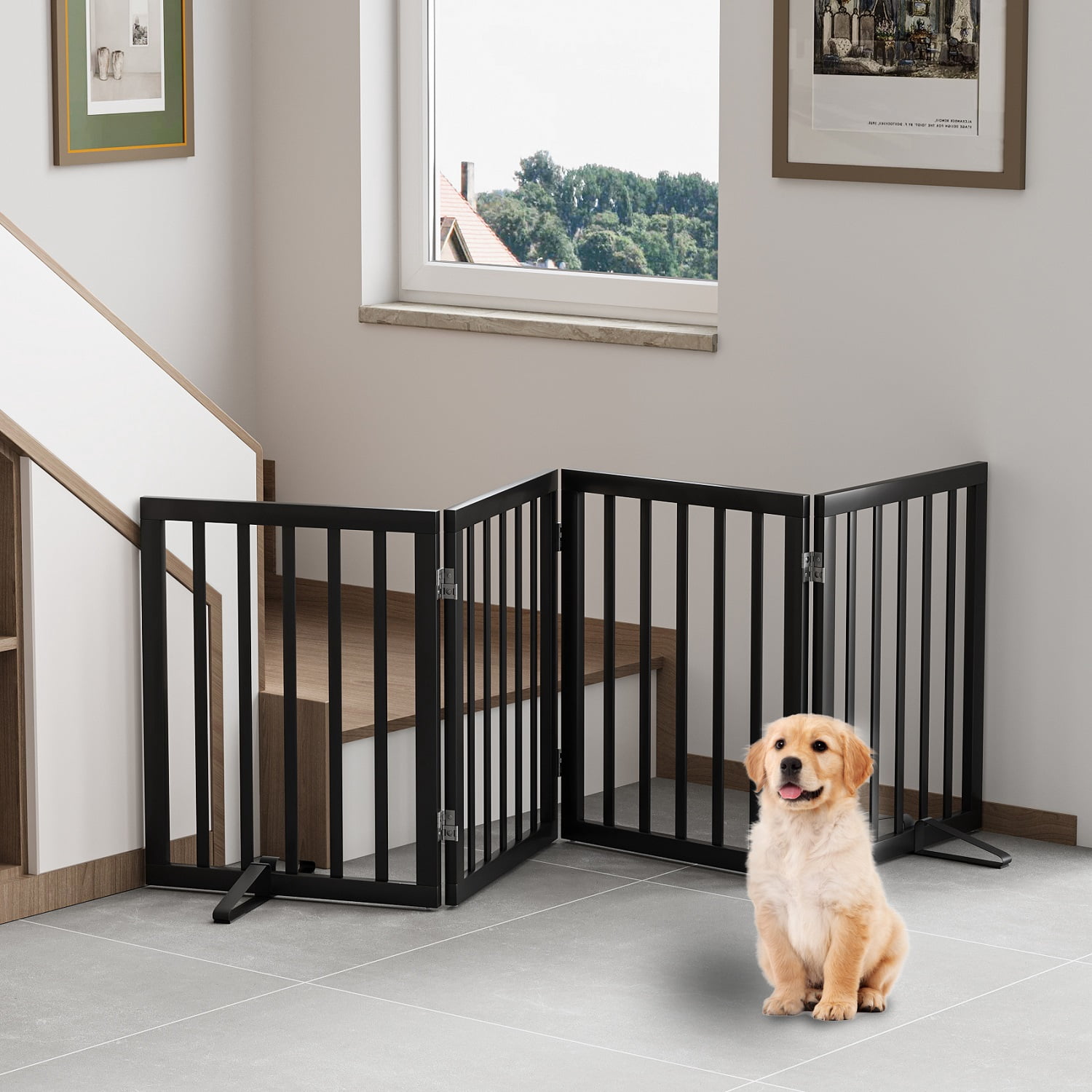 Algherohein Dog Gate for Inside,Bamboo Freestanding Pet Gate for Doorways,Indoor, 24" Black