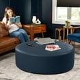 thumbnail image 3 of Jaxx Candler Round Coffee Table Ottoman, Oversized, 44-Inch, Premium Faux Leather, Oxford Blue, 3 of 7