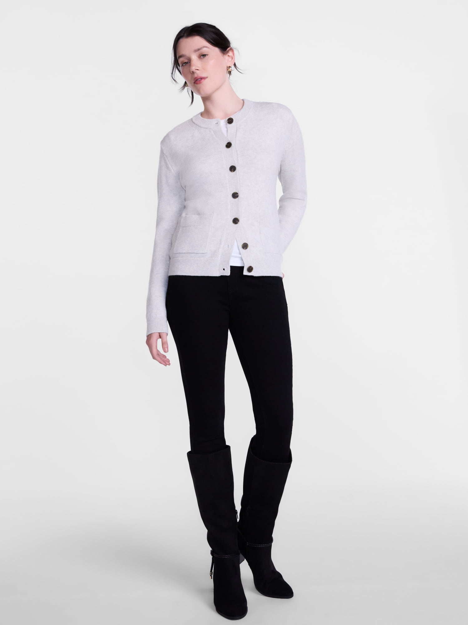 Scenario Women's Crewneck Cardigan with Patch Pockets, Lightweight, Sizes XS-XXXL