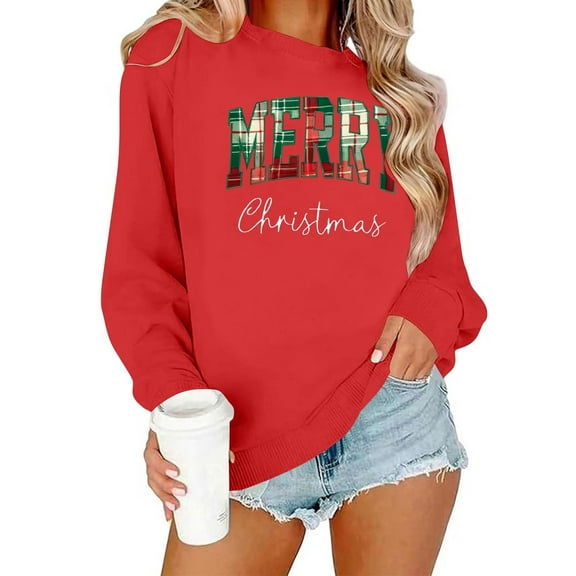 Merry Christmas Sweatshirt for Women Plaid Holiday Long Sleeve Xmas Tree Print Pullover Lightweight Shirt