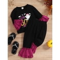 thumbnail image 4 of Bagilaanoe 2Pcs Toddler Baby Girl Halloween Outfits Letter Bat Spider/Ghost Print Long Sleeve T-shirt Tops + Flare Trousers 6M 12M 2T 3T 4T 5T Kids Long Pants Set, 4 of 9