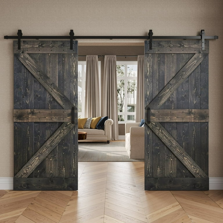 72 in x 84 in K Series Dark Walnut DIY Finished Knotty Pine Wood Double Sliding Barn Door Slab with Hardware Kit