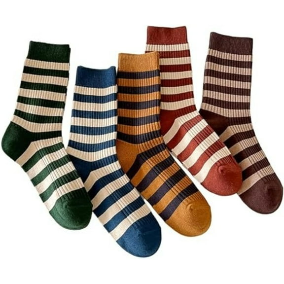5 Pairs Vintage Stripe Pattern Socks, High-Comfort Cotton Blend, Non-Irritating Skin-Friendly, Classic Crew Socks for Women Casual & Outdoor