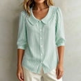 thumbnail image 4 of Women's Striped Shirt with Pan Collar, 3/4 Puff Sleeve Button Down Casual Blouse, 4 of 8