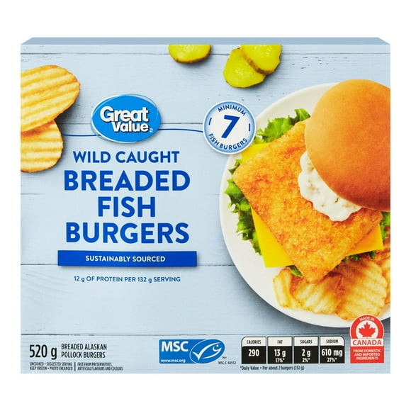 Great Value Breaded Fish Burgers, 520 g