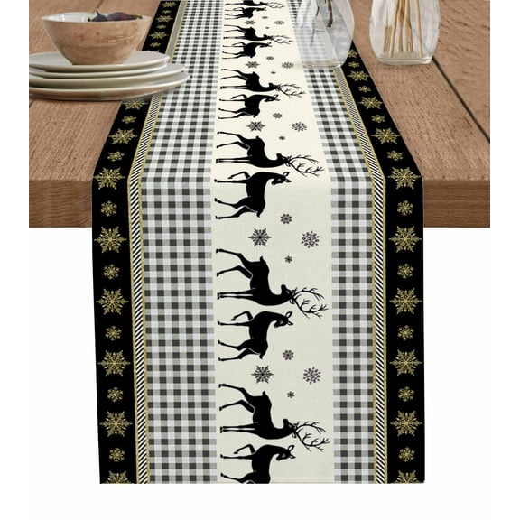 Ldtrchee Black Christmas Table Runner 70 Inches, Xmas Snowflake Elk Plaid Bed Runner Dresser Scarves Tabletop for Indoor Outdoor Parties/Ceremony/Banquet, 13" x 70"