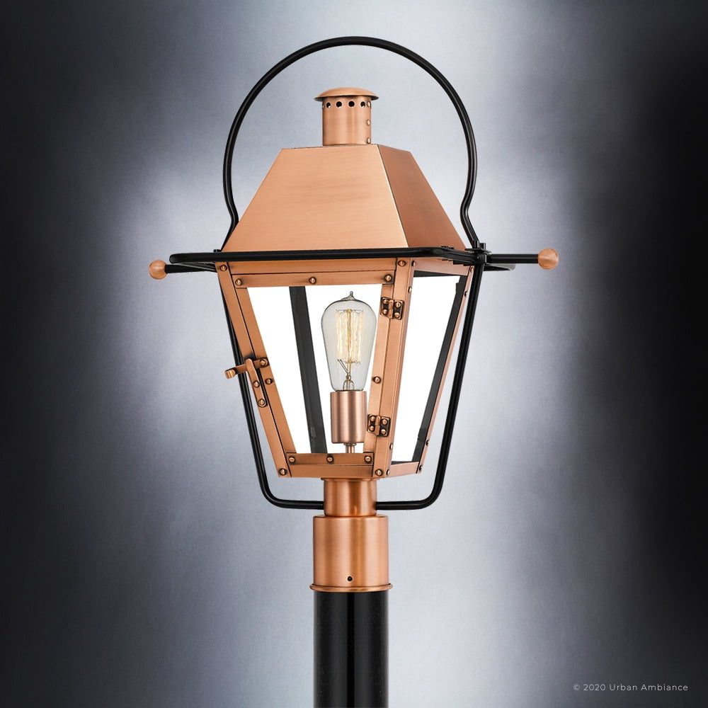 Luxury Historic Outdoor Post Light, 22.75''H x 17.75''W, with Tudor Style Elements, French Country Design, Rustic Copper Finish and Clear Tempered Glass Panels, UQL1380