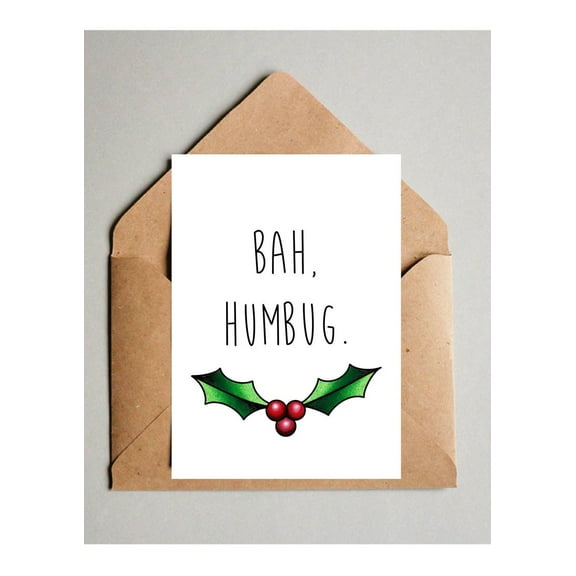 Bah Humbug Christmas Card – Funny Holiday Greeting with Holly Design – Blank Inside, Envelope Included – Perfect for Grumpy Friends and Family