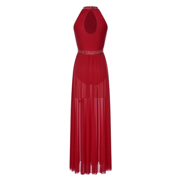 Raenseen Women Rhinestone Long Lyrical Dance Dress Sleeveless Side Split Mesh Flowy Maxi Dress Burgundy M