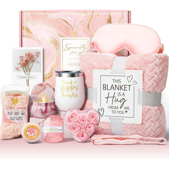 Birthday Gifts for Women Self Care Gifts Get Well Soon Gifts, Rose Relaxing Spa Gifts Basket Care Package w/ Luxury Flannel Blanket, Unique Christmas Gifts for Mom Her Friend Sister Wife Grandma