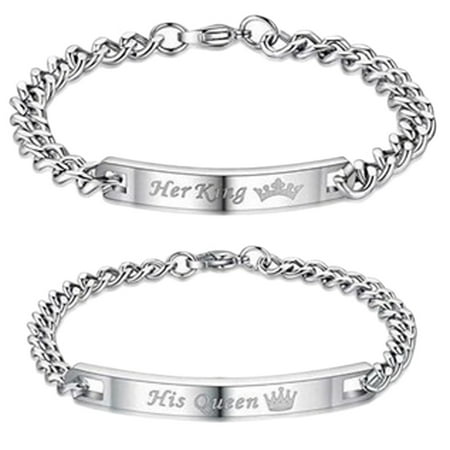 Fancyleo 2 Pcs Stainless Steel Couples Bracelets Valentine's Gift for Lover His Queen Her King Bracelet