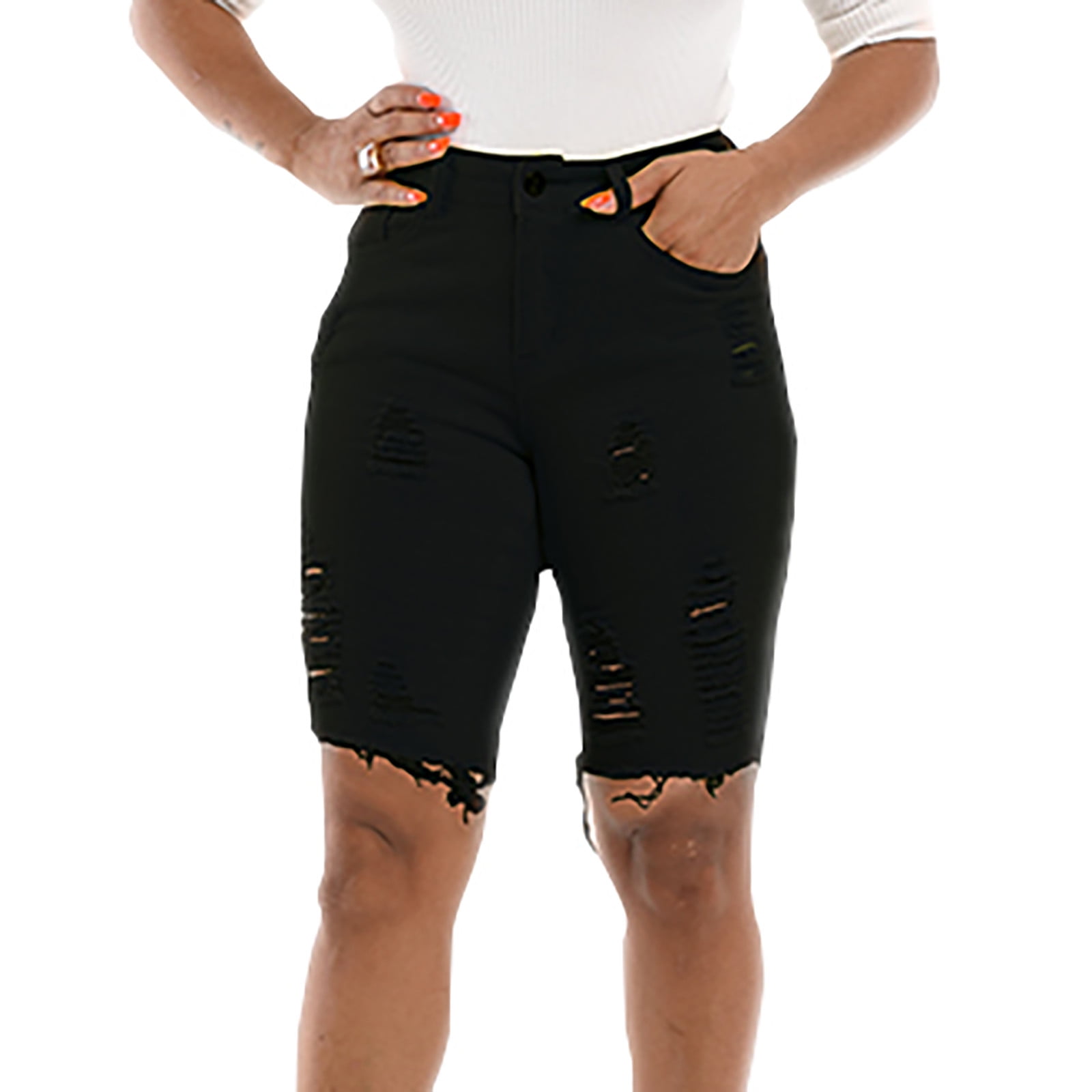 Womens Bermuda Shorts Denim Destroyed Raw Frayed Hem Shorts Jeans High  Waist Mid Thigh Ripped Summer Casual Short Pants - Walmart.com