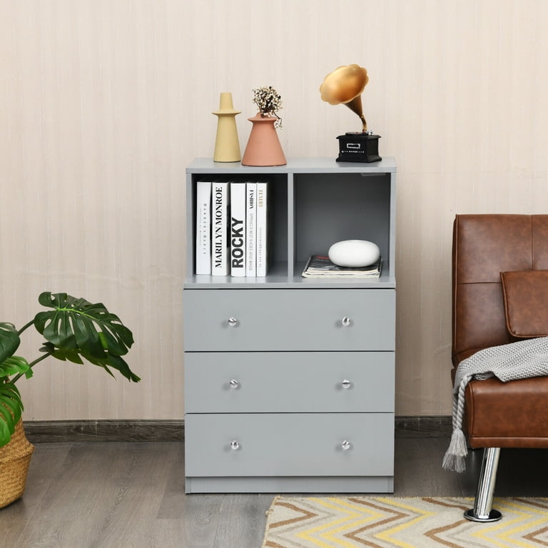 grey 3 drawer dresser Gymax 3-Drawer Chest of Drawers With 2 Cubbies Storage Organizer in Crafted with solid New Zealand pine wood with low Voc finishes Rockport 46