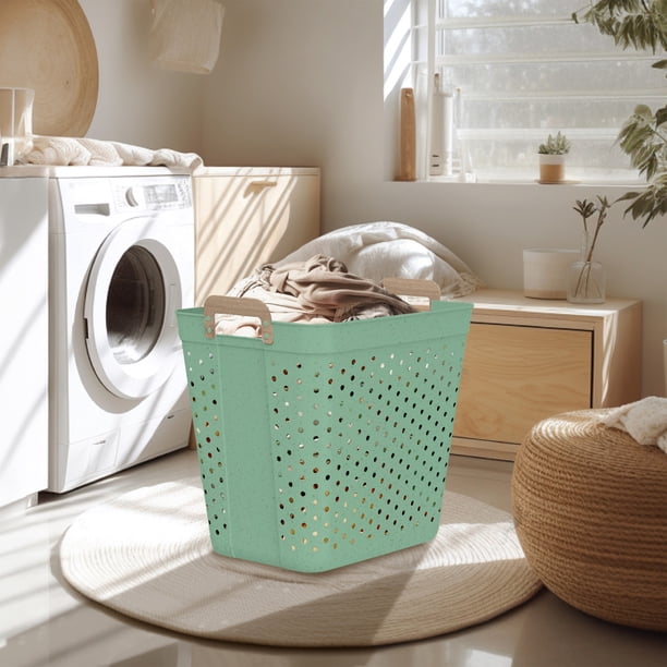 Mainstays Plastic Rectangle Laundry Basket, Sage Green, 2 Bushel