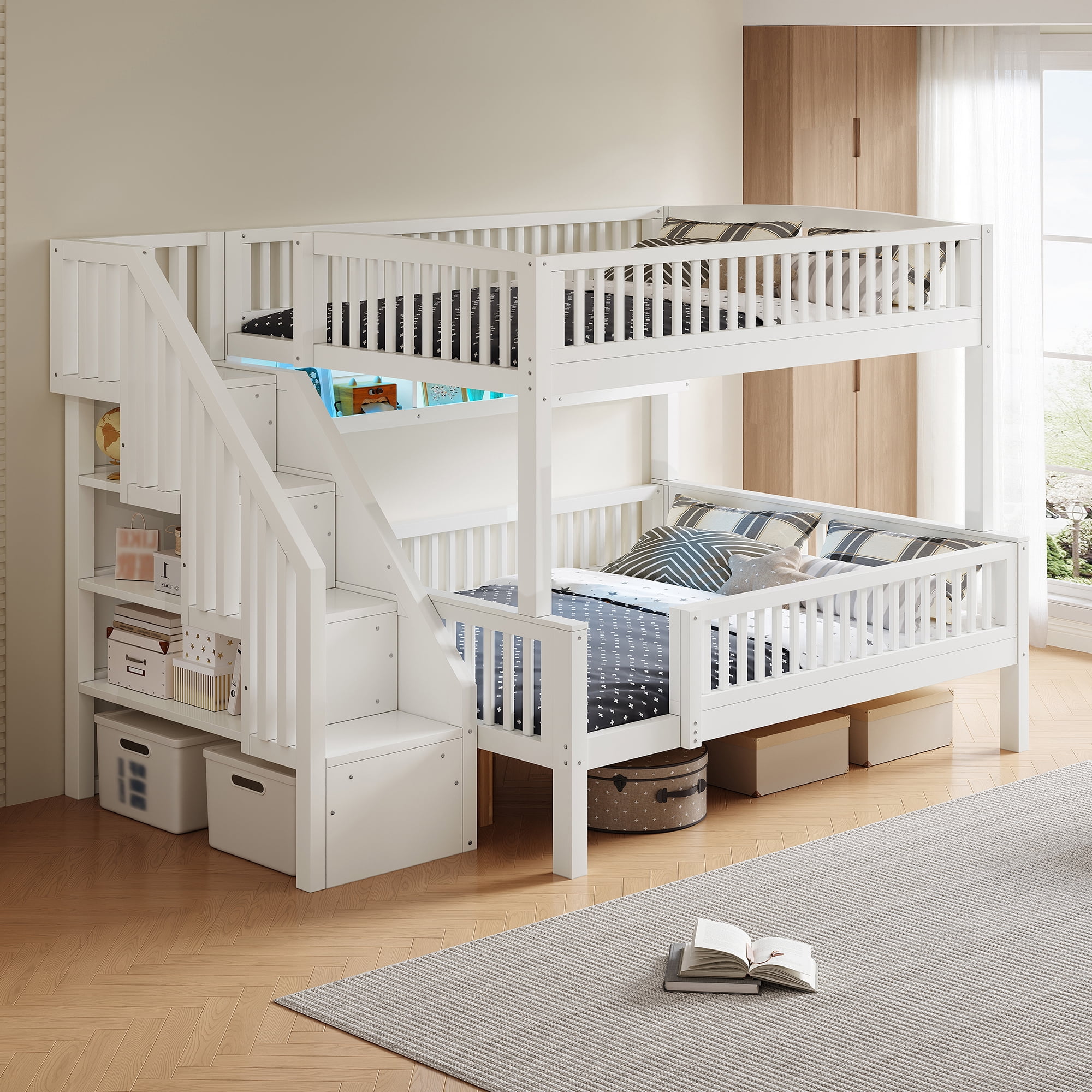 Euroco Wood Full XL over Queen Size Bunk Bed with Storage Staircase, LED Light Shelves and Guardrails, White