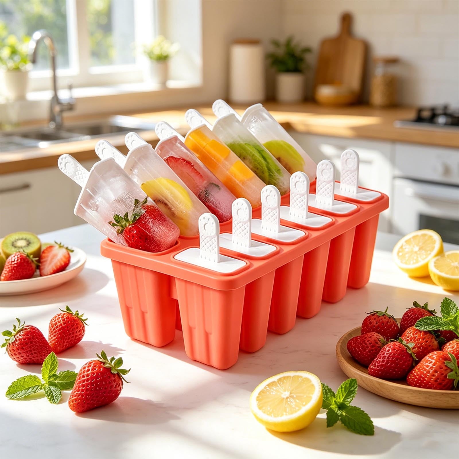 12 Cavity Silicone Popsicle Molds Set with Reusable Sticks Easy Release Food Grade Ice Cream Bar Maker for Homemade Frozen Treats Juice Fruit Dessert Freezer Summer Kitchen Homemade Dessert Mold Set