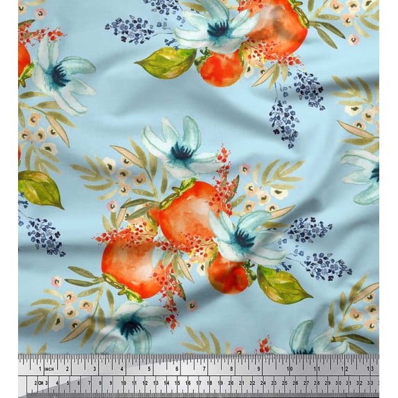 Soimoi Green Poly Georgette Fabric Tomato & Freesia Floral Printed Fabric 1 Yard 52 Inch Wide