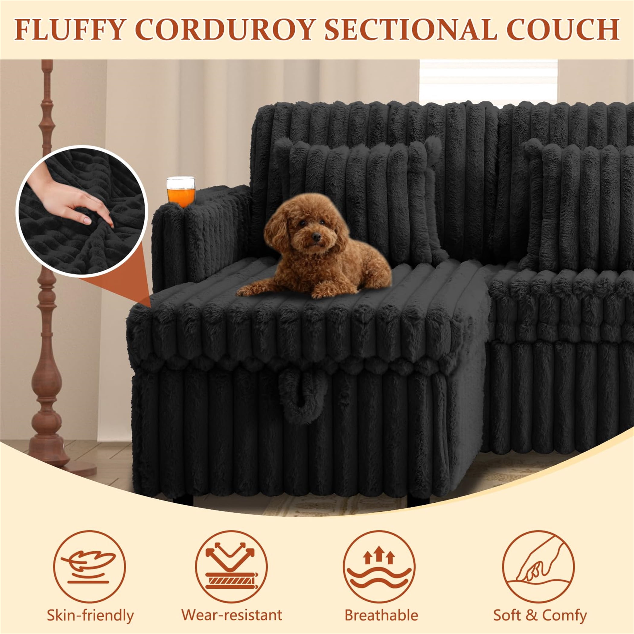 Aukfa 107" U shape Sectional Convertible Sleeper Sofa Bed with USB &Cup Holder, Storage Chaise for Living Room, Corduroy, Black