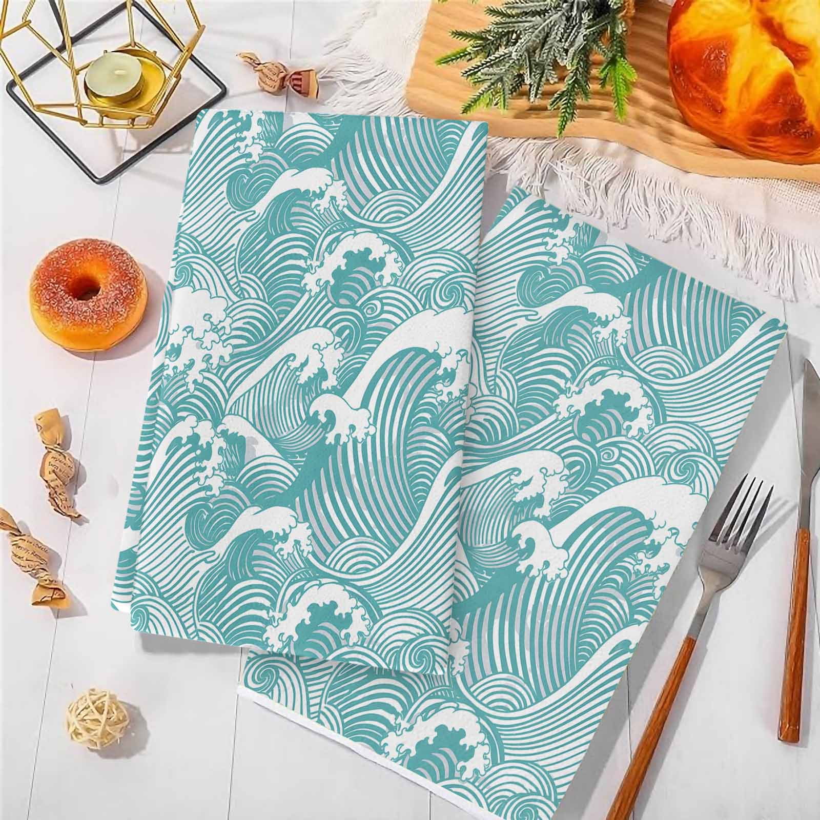 Dish Towels, Turquoise Waves Absorbent Kitchen Towels 2 PCS, Ocean Lines Stripes Microfiber Hand Towels Dish Cloths Tea Towels for Home&nbsp;Bathroom Cleaning Drying,18X28-Inch,