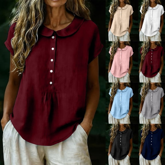 VBVC Women's Peter Pan Collar Short Sleeve Blouse, Ladies' Button Down Breathable Casual Top, Solid Color Loose Fit Work Shirt For Women,Beige,S-2XL