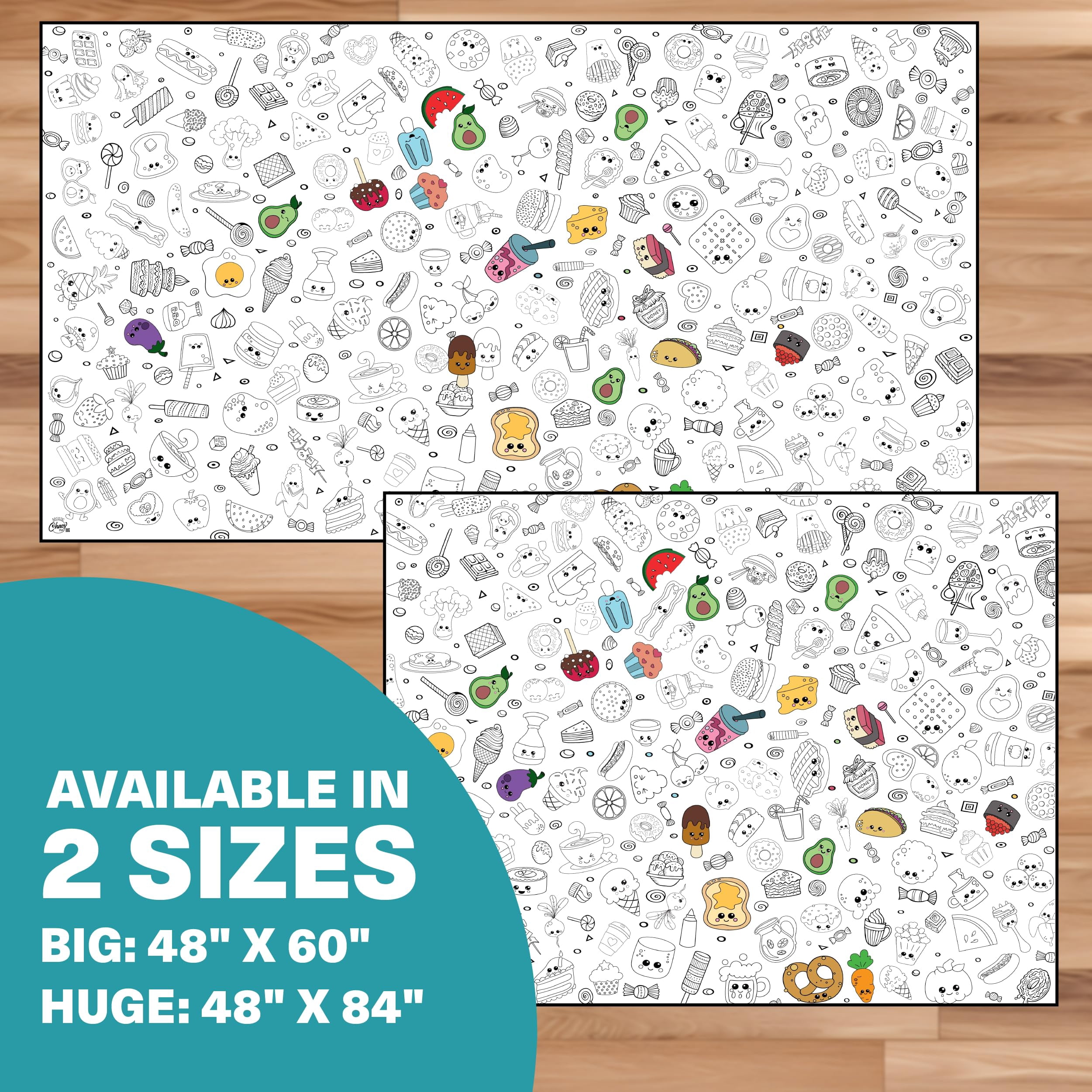 Fabric Reusable Coloring Tablecloth - Washable Coloring Mat for Kids and Adults, Giant Coloring Poster with Bleed-Resistant Lining, Sewn Edges, and Fun Designs (Food, 48"x60")