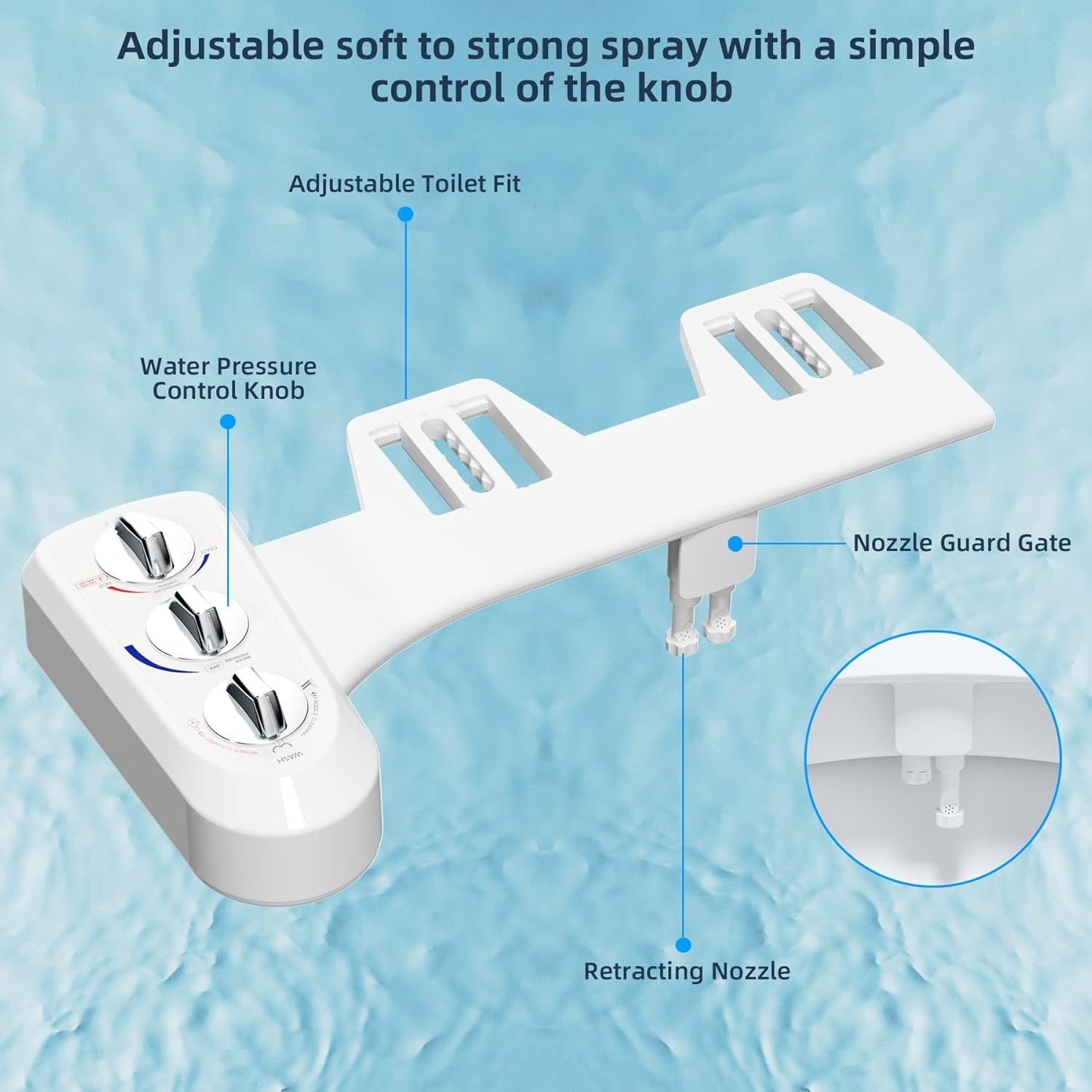 Bidet Attachment for Toilet, Self Cleaning Dual Nozzle, Hot & Cold Water  Non- Mechanical Bidet Toilet Seat for Rear or Female Washing Sanitizing, Adjustable Water , White