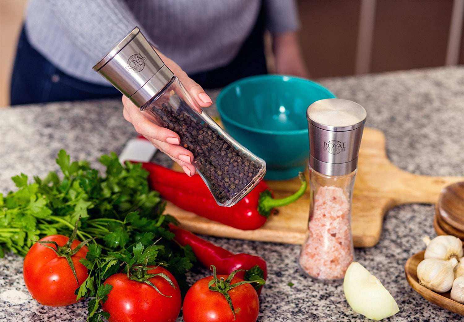 Himalayan Pink Salt & Black Pepper Grinders by Royal Chef House - Pre-filled with Himalayan Rock Salt and Pepper - Premium Glass and Stainless Steel Salt Mill and Pepper Mill
