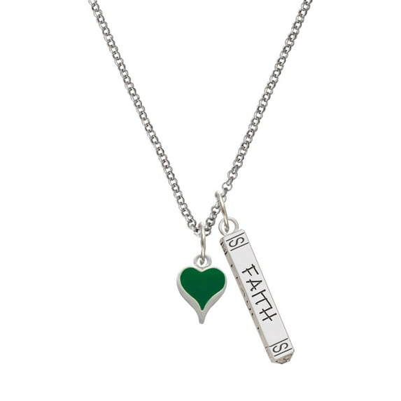 Delight Jewelry Silvertone Small Long Green Heart Silvertone Believe Faith Prayer Hope Bar Charm Necklace, 23"