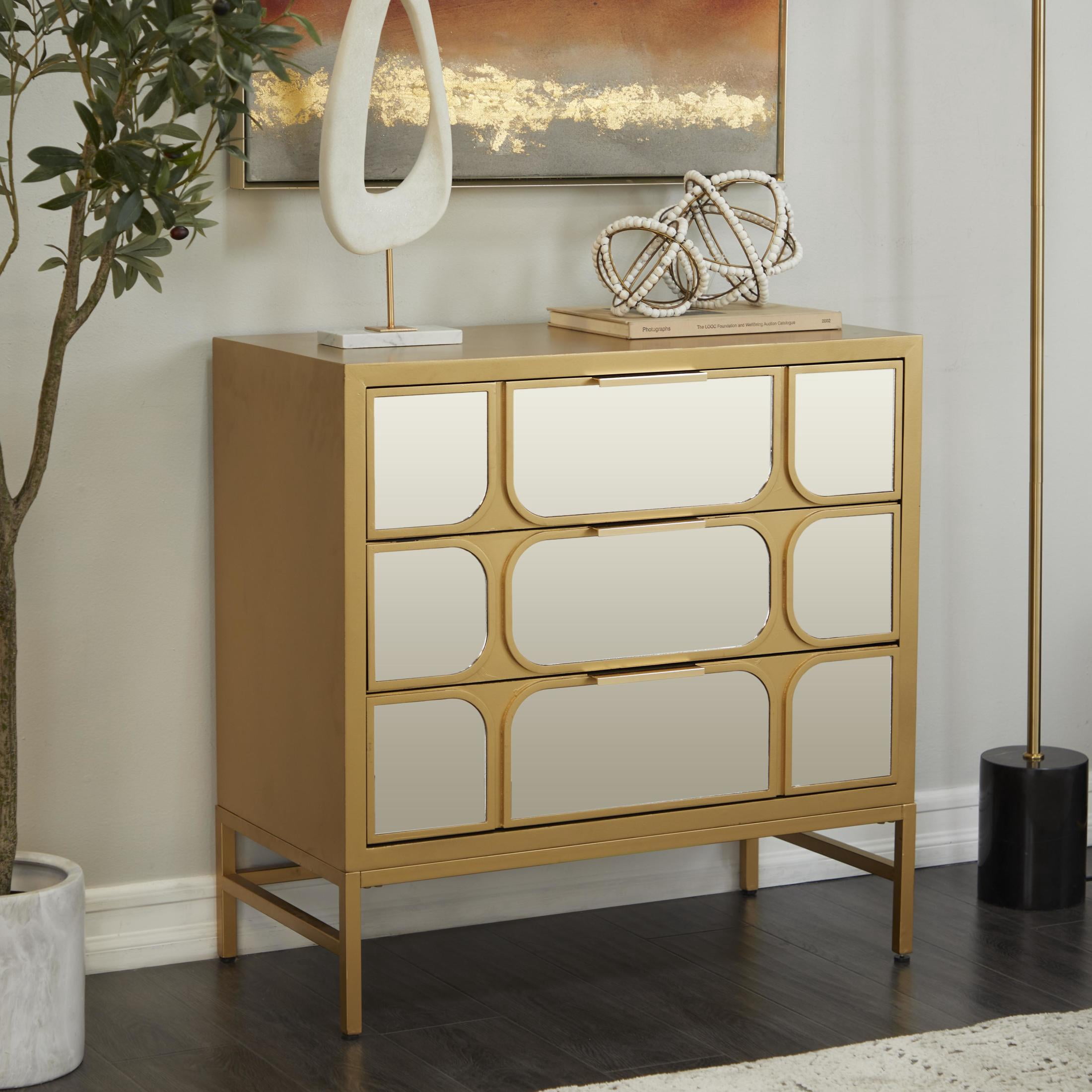 DecMode 32" x 32" Gold Wooden 3 Drawer Chest with Mirrored Front, 1-Piece
