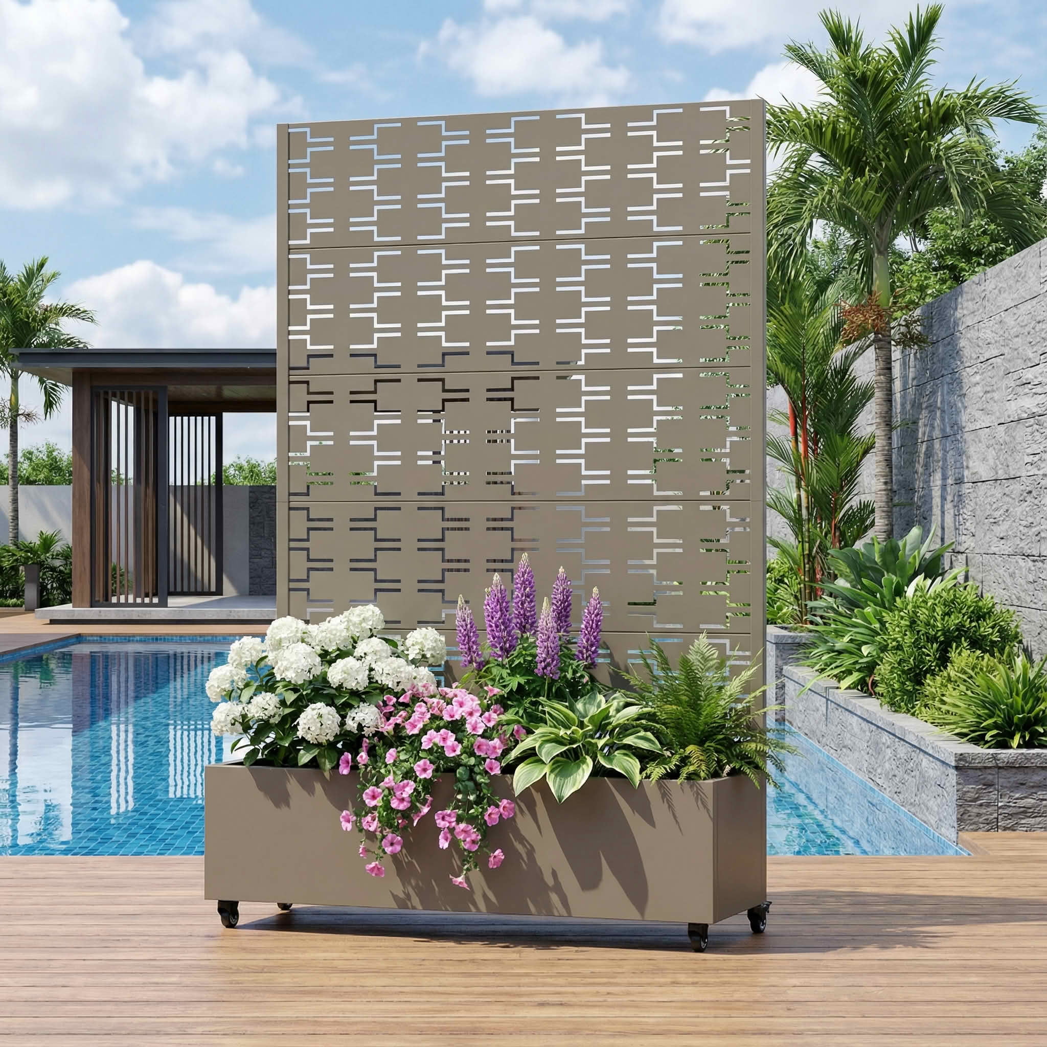 MAYEERTY 72X47" Metal Outdoor Olive Gray Privacy Screen with Planter Box for Backyard & Garden, 5 Piece Set