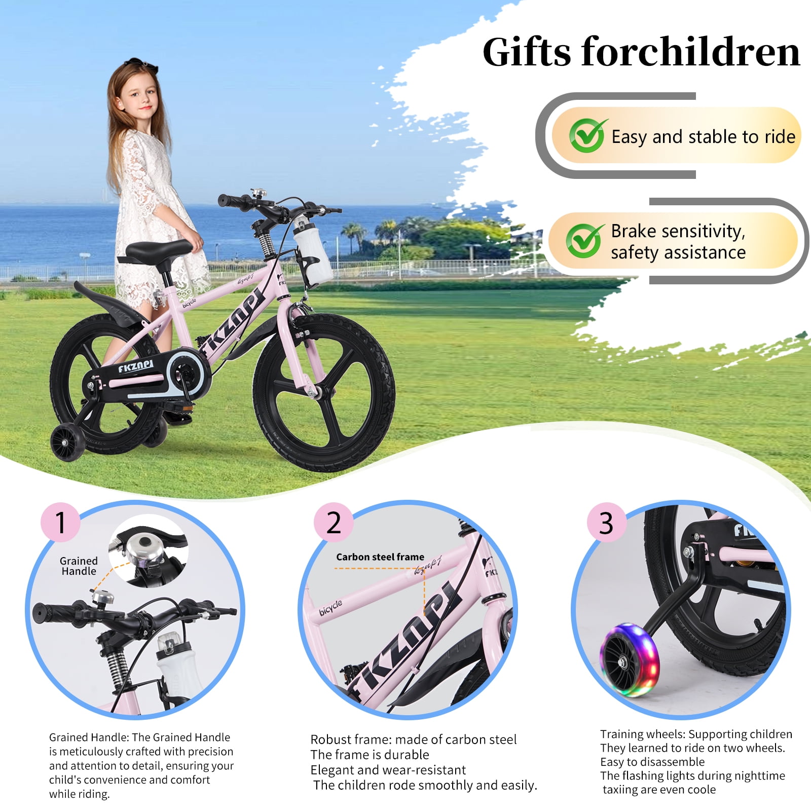 imerelez Bicycle 16 Inch Pink, Beginner Bike with Night Glow Training Wheels & Adjustable Seat, for Ages 4-7, Ideal Birthday Gift