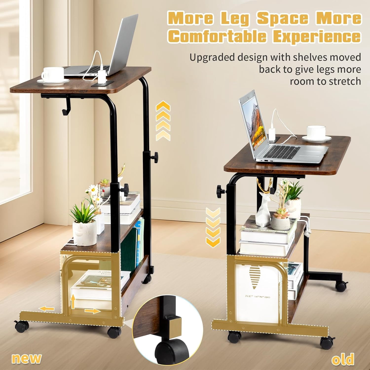 JessieMal 31.5" Portable Rolling Desk on Wheels,Height Adjustable Standing Desk with 2 AC Outlets/3 USB Ports,Mobile Laptop Table with Hooks and Storage Shelves for Home Office，Rustic Brown