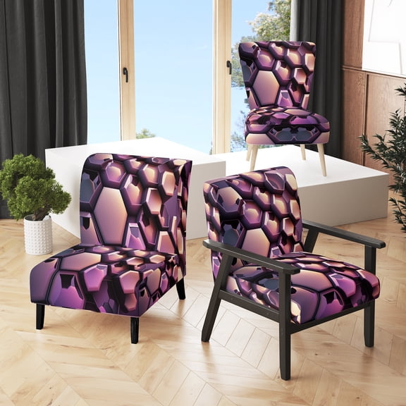 Designart "Violet Geometric Mélange II" Purple Honeycomb Upholstered Accent Chair - Modern Arm Chair For Living Room