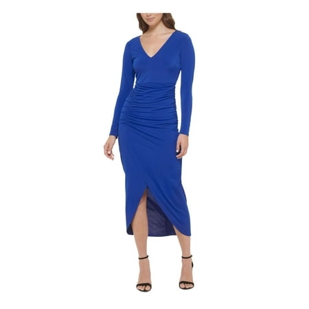 UPC 888807276725 product image for GUESS Womens Blue Zippered Long Sleeve V Neck Tea-Length Wear To Work Tulip Dres | upcitemdb.com