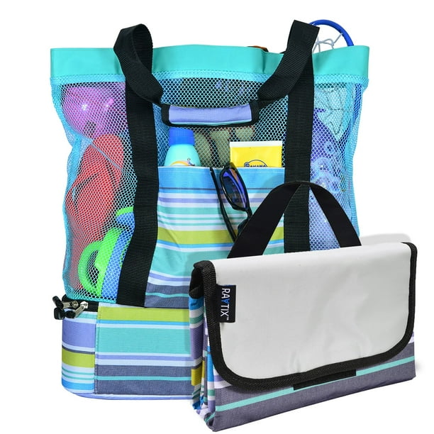 Breezy Convenient Mesh Beach Tote Bag with Lightweight Fold-Up 5’x6’ Beach Blanket Mat, Solid ...
