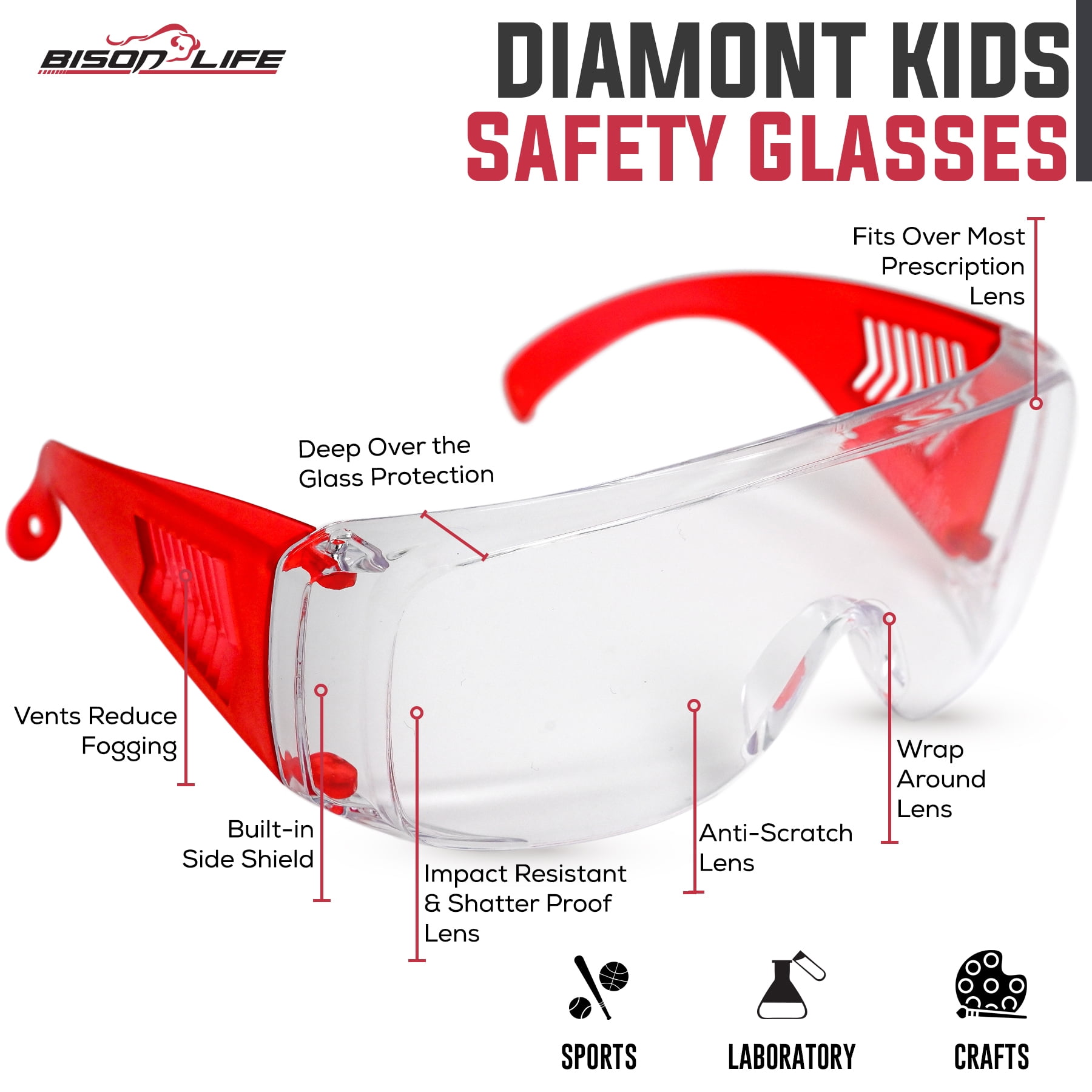 BISON LIFE Diamont Kids Over Glass Safety Glasses, 6 Pack, ANSI Z87.1, Youth Protective Goggles, Red, Green & Blue Temples