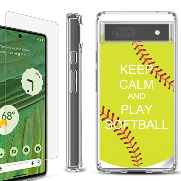 Shockproof Bumper Phone Case for Google Pixel 6a, with Tempered Glass Screen Protector, by OneToughShield ® - Keep Calm Softball