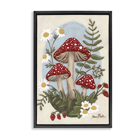 Stupell Industries French Country Cottage Mushrooms & Blooms Black Floating Frame Canvas Art, 17 x 25, by Sara Baker