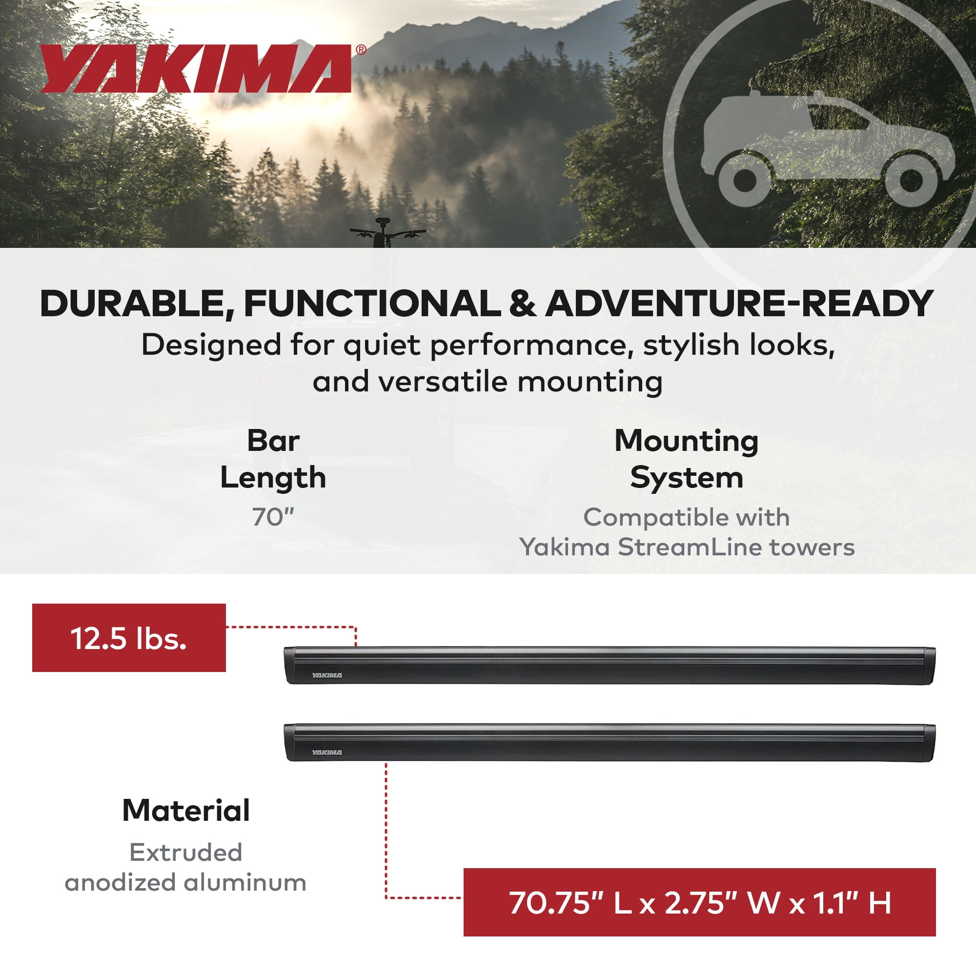 Yakima, Roof Rack Crossbars, 50 Inch Aluminum JetStream, Silver